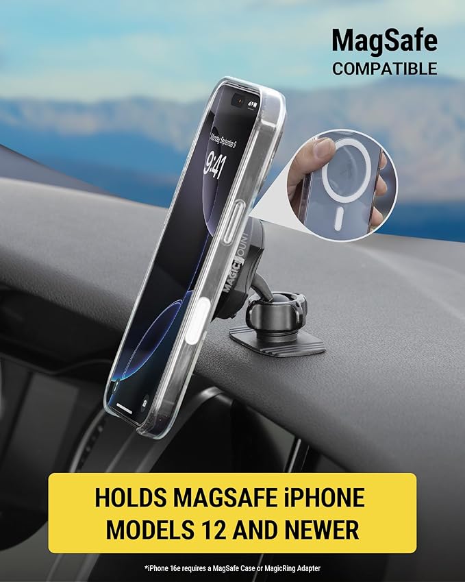 Scosche MagSafe Car Mount, Magnetic Phone Holder for Car Dashboard & Vent with 360° Rotation, 2-in-1 Cell Phone Mount for iPhone 17/16/15/14/13 & More w/MagicRing Adapter, Compatible with PopSockets