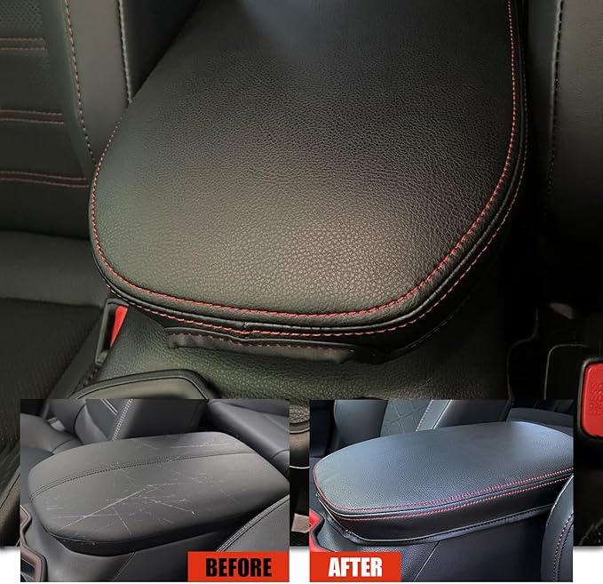 Center Console Cover for Toyota RAV4 2025 2024 2023 2022 2021 2020 2019 - Leather Middle Armrest Cover for Toyota RAV4 Interior Accessories (Red Stitches)