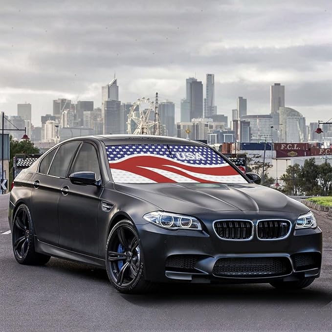 Socira American USA Flag Car Windshield Sunshade Umbrella Foldable Umbrella Sun Shade Windshield Cover Patriot Sunshade Car Accessories Blocks Uv Rays Keeps Cool (57" X 30")