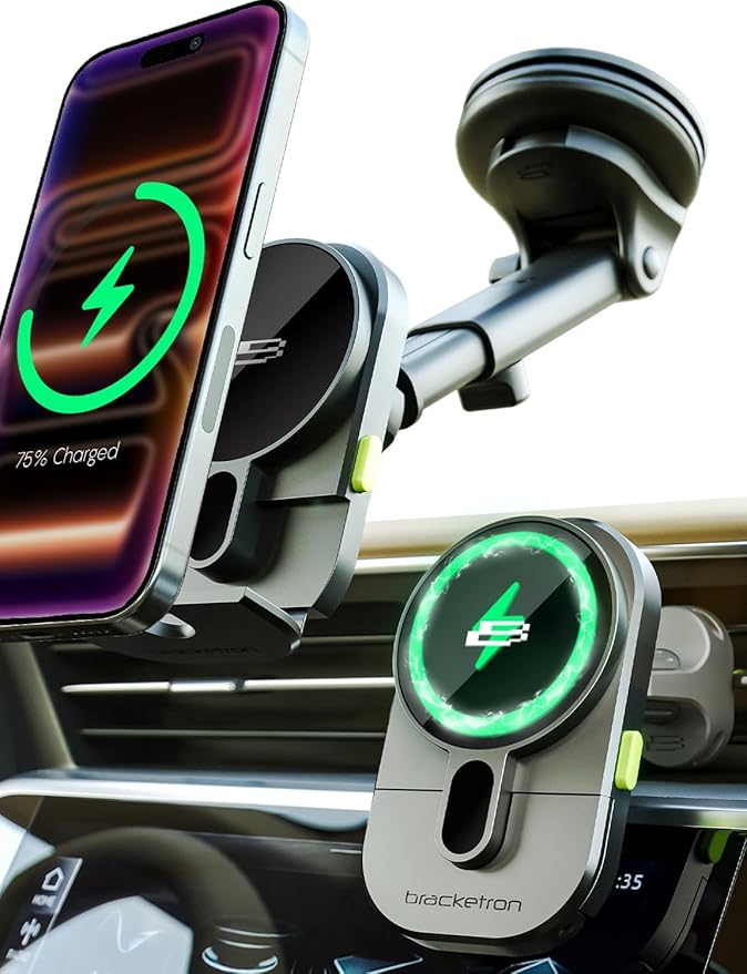 Bracketron MagAlign Extend 15W Magsafe Car Mount Charger, Magnetic Car Phone Holder Charger Wireless Car Charger for iPhone 17 Pro Max 16 15 14 13,Vent/Windshield/Dash Phone Mount Holder Fast Charger