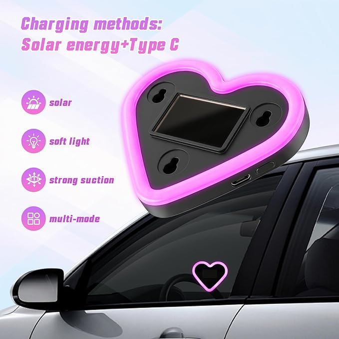 6 Lighting Modes Solar Powered Car LED Ambient Light, Rechargeable Wireless LED Heart Shape C-Pillar Neon Light, AutoGlow Solar Heart Light for Car Window Romantic Decor Surprising Gifts