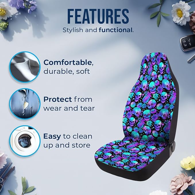 GENANY Sugar Skull Car Seat Covers Set of 2, Breathable Front Seat Covers for Truck Sedan SUV, Spooky Car Accessories, Sugar Skull Gift for Women Men