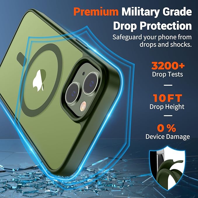 SUPFINE Magnetic for iPhone 14 Case & iPhone 13 Case (Compatible with MagSafe)(Military Grade Drop Protection) Translucent Matte Shockproof Phone Cover,Cangling Green