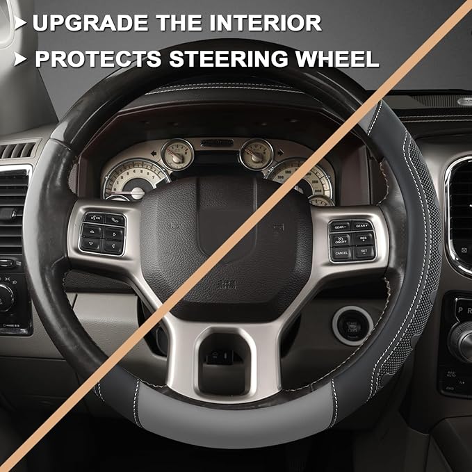 GIANT PANDA Car Steering Wheel Cover for RAM 1500 2500 3500, Compatible with Dodge RAM 15.5-16 inches - Black+Gray