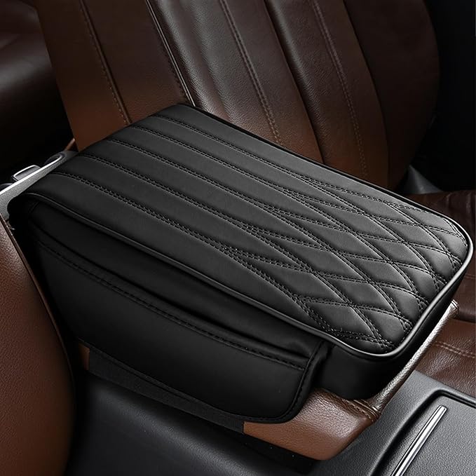 wuyaoyao Car Center Console Cover, Leather Car Armrest Box Cover, 12.40"×8.46"×1.97" Arm Rest Pad with Pockets, Soft Auto Armrest Storage Box Protector, Universal Interior Car Accessories (Black)