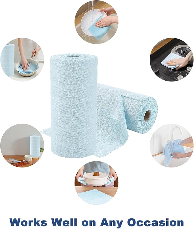 Ferdilan 80 Pack Microfiber Cleaning Cloth Roll,Lint Free Rags Paper Towels & Tear Away Reusable Towels,Washable Shop Rags,Wash Cloths Dish Rags(12" x 12") for Car Kitchen Window Garage-Light Blue