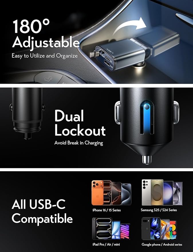 LISEN Car Charger USB C Fast Charge, [Single-Port] Retractable Car Charger USB C for Car Accessories for Women Men Phone Type C Charging for iPhone 17 Pro Max 16 15 Samsung S26 S25, MacBook Neo