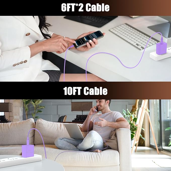 iPhone 17 16 Pro Max Charger Fast Charging, Super Fast USB C Chargers for iPhone 17(6FT+6FT+10FT) Type C Chargers Cord with Fast Charger Block for iPhone 17/16/15 series/iPad/ GalaxyS26/S25/S24 Purple