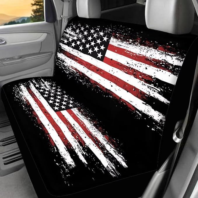 KEIAHUAN 4th of July Car Seat Cover Full Set American Flag Patriotic Breathable Car Front Seat Cover and Rear Bench Cover Set of 4
