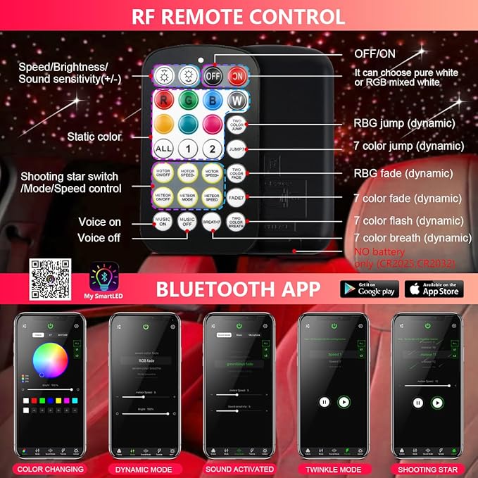 Starlight Headliner Kit,Twinkle + Music Sync Dual Color Fiber Optic Star Ceiling Lights with APP Remote Control, RGBW Shooting Star Lights for Car/Home Ceiling Decor, 600pcs 9.8ft