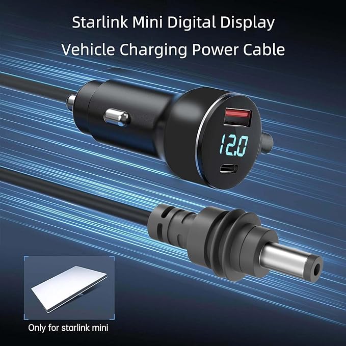 Car Charger for Starlink Mini, 3-in-1 DC Power Cable with 10FT Cord, 12V-48V Cigarette Lighter Adapter, 140W USB-C + 35W USB-A, Digital Voltage Display, for Car/RV/Boat