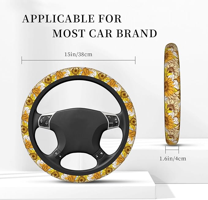 Sunflower Car Steering Wheel Cover, Non Slip Universal Wheel Protector Elastic 15 Inch Car Accessories for Men Women