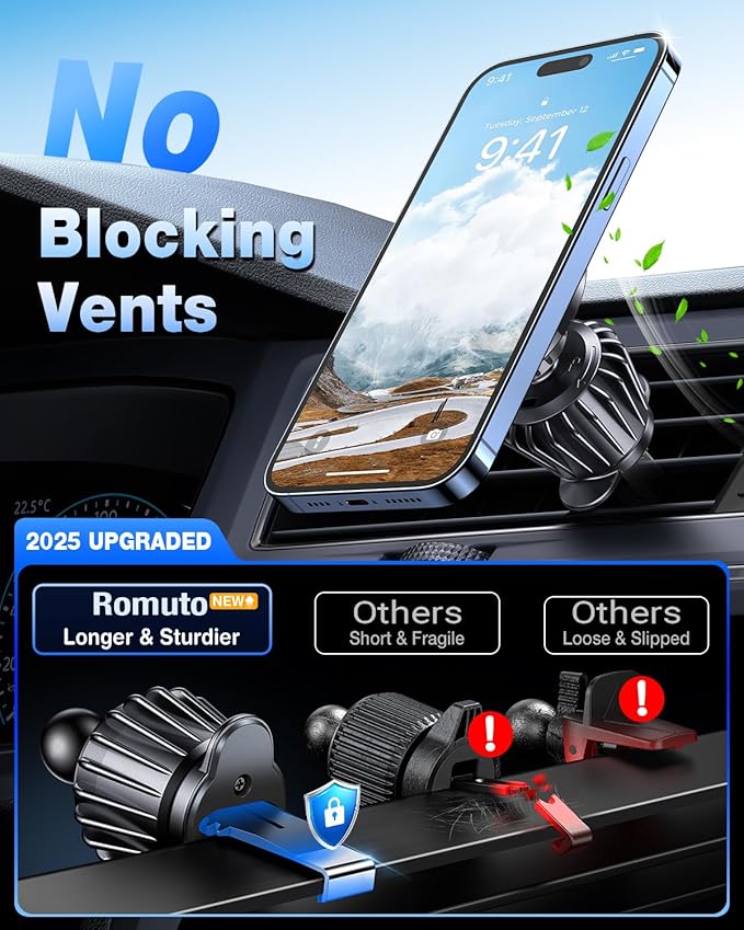 Romuto for MagSafe Car Mount【Strongest Magnet】 Magnetic Phone Holders for Your Car Dashboard Wind Vent Cell Phone Holder【360° Rotation】 Suction Car Mount for iPhone 16 15 14 13 12