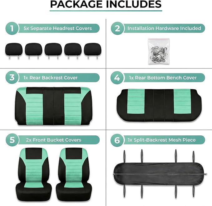 FH Group Automotive Car Seat Covers Full Set Premium 3D Air Mesh Front Seat Covers, Airbag Compatible & Split Bench Cover Universal Fit Interior Accessories for Cars Trucks and SUVs - Mint
