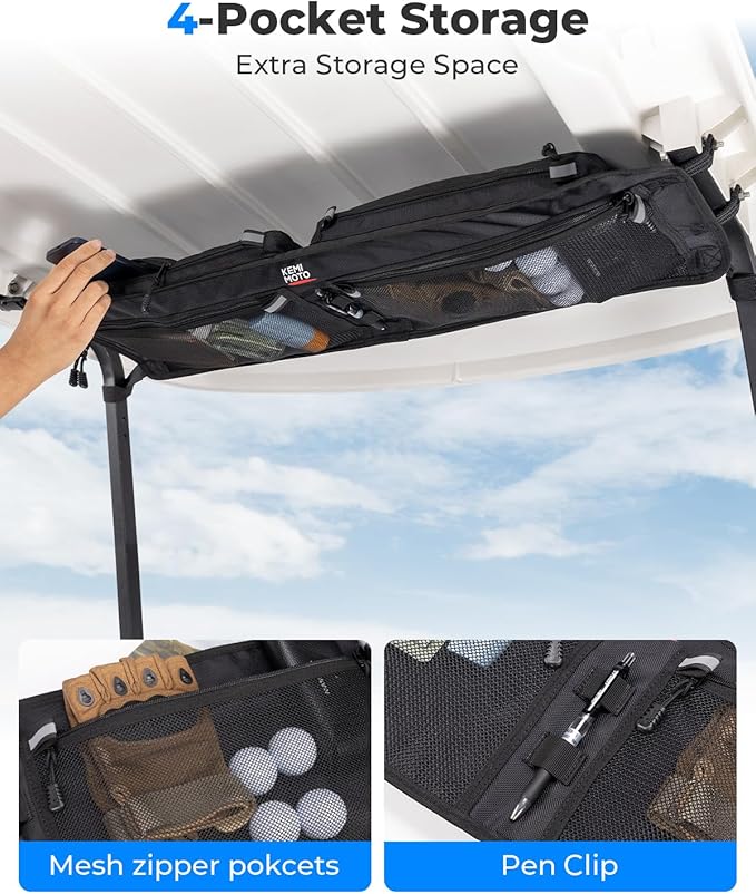 KEMIMOTO Upgraded Golf Cart Overhead Storage Bag, Ceiling Storage with Dual Mesh Pockets Compatible with Club Car Precedent,Tempo, and Onward, 1680D Overhead Organizer, Black
