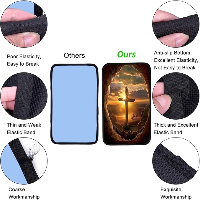 Car Armrest Cover Pads Universal Fashion Cute Auto Center Console Armrest Cover Pad with 2PCS Car Coasters Soft Waterproof Car Armrest Seat Protector for Women, Sunrise Cross