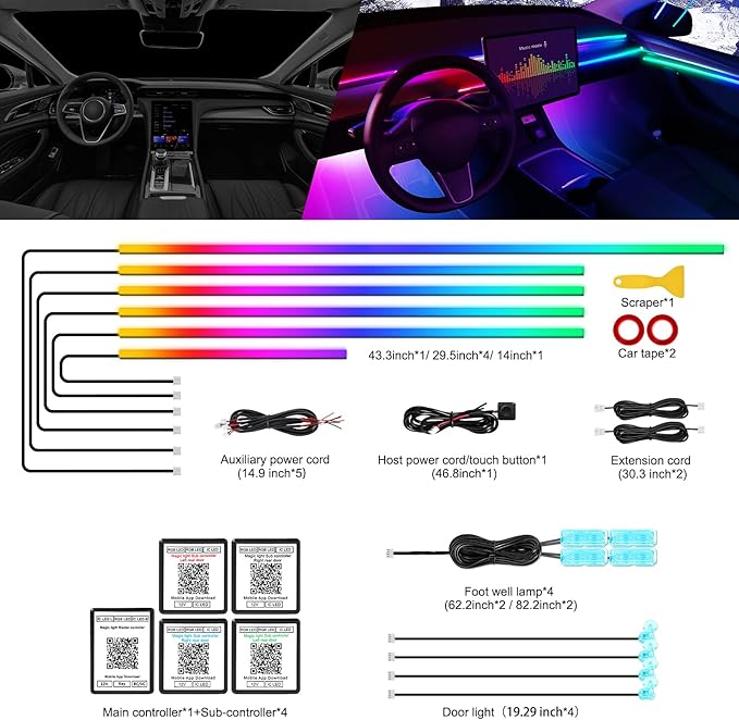 Dreamcolor Acrylic Interior Car LED Strip Light with Wireless APP, RGB 14 in 1 with 175 inches 612 LEDs Fiber Optic Strip Lights for Car, Dual Zone Symphony Neon Car Ambient Lighting