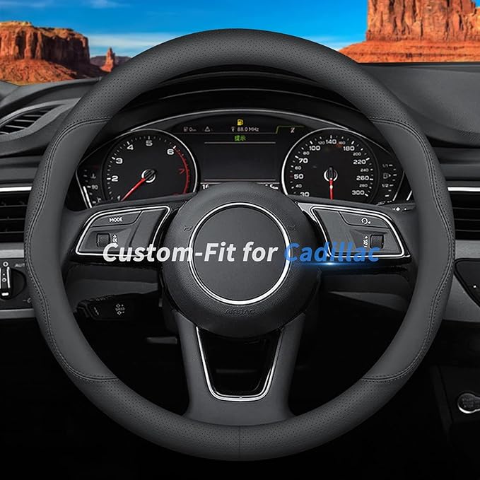 Custom-Fit for Cadillac Steering Wheel Cover, Premium Leather Car with Logo, Non-Slip, Breathable, Accessories (B-Style, Cadillac)