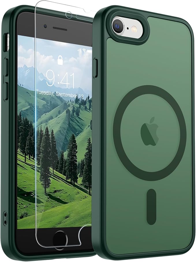 SUPFINE Magnetic for iPhone SE Case 2022 (3rd)/2020 (2nd), iPhone 8 Case (Compatible with MagSafe) (Military Grade Drop Protection) Slim Translucent Matte Phone Case, Forest Green