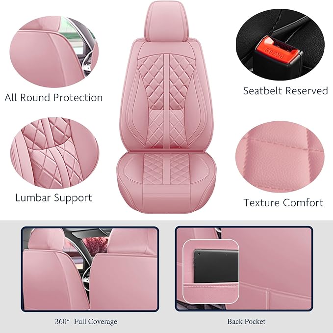 otoez Pink Car Seat Covers Full Set, Leather Seat Cover 5 Seat Waterproof & Breathable Automotive Seat Cushion Protector Full Coverage for Cars Sedens, Trucks, SUVs, Vans (Pink)