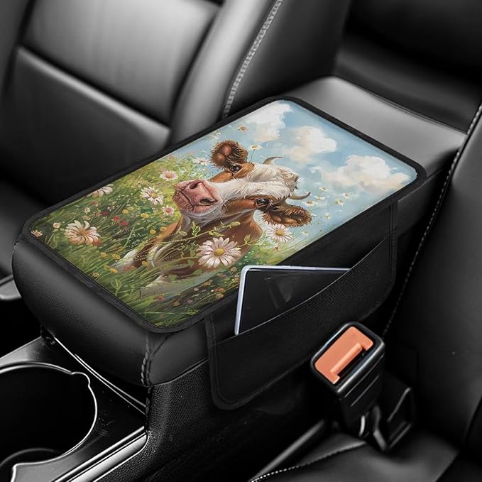 Cow Floral Grass Pattern Car Center Console Cover Anti-Slip Auto Box Cover Protector Lightweight Vehicle Armrest Cover Pad Universal Fit for Most Cars Sedan Truck SUV