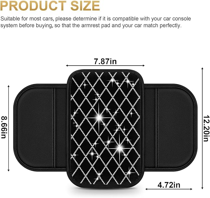 Bling Center Console Cover with 2 Side Pockets Fit for Venza Multi-Functional Car Armrest Cushion Diamond-Studded Rhombus Pattern Style(Black&Silver Diamond)