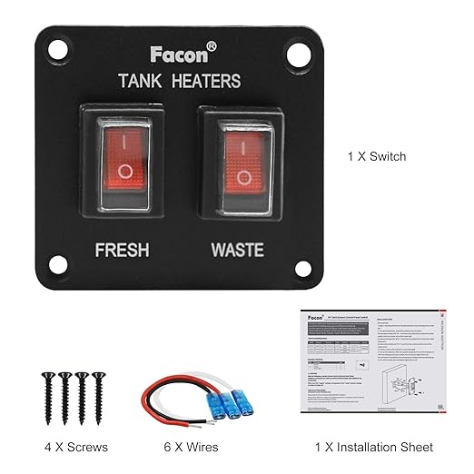Facon 12Volts Switch Box Panel, 20Amps Rocket On&Off Switch with Red Indicator Light for RV Tank System, IP66 Waterproof Control Gang Kit System for RV Tank Heating Pad