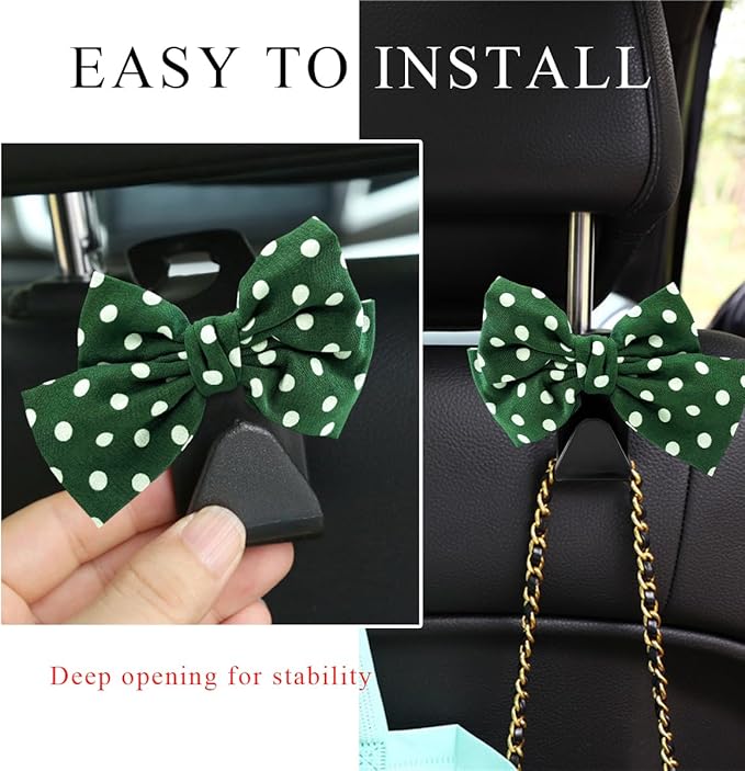 2 PCS Car Seat Headrest Hooks, Cute Bow Shaped Vehicle Backseat Storage Hooks, Leather Bow Shaped Sturdy Car Seat Back Hooks for Purses/Coats/Umbrellas, Car Accessories (Green Dot)