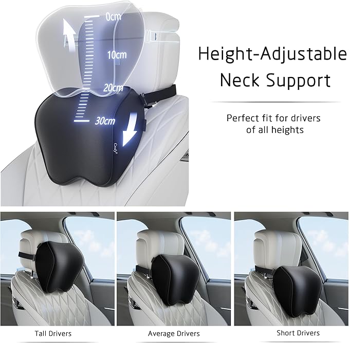 Crofy 2-Pack Car Neck Pillow, Softness Car Headrest Pillow for Driving with Adjustable Strap, 100% Memory Foam and Breathable Removable Cover, Comfortable Ergonomic Design, Black
