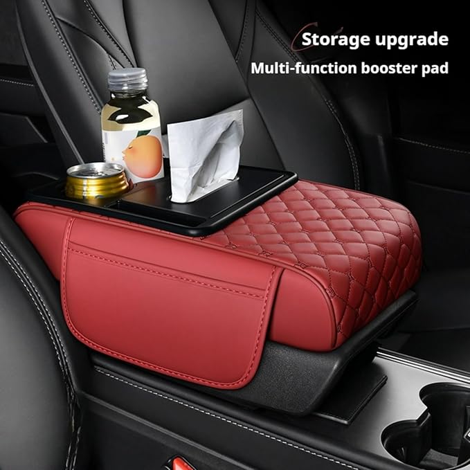 Center Console Cover Organizer, 5-In-1 Arm Rest Cover for Car with Cup Holder & Storage Pocket & Tissue Holder, Armrest Cover Cushion Pad, Grid, Brown