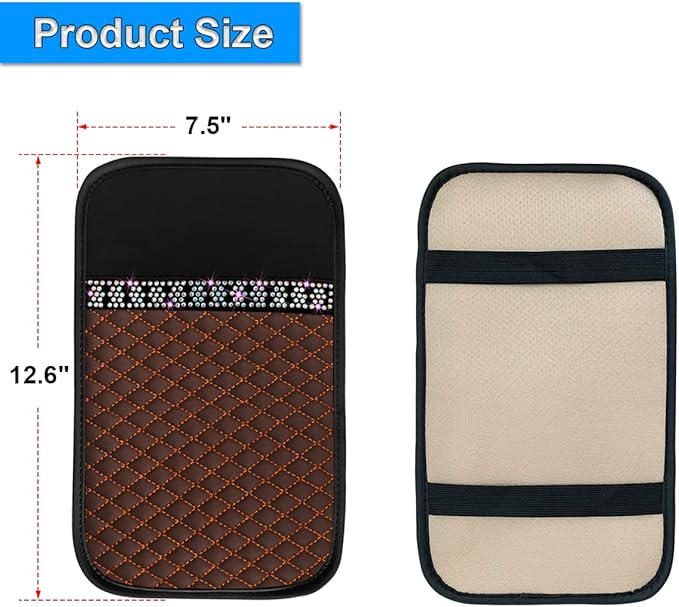 Bling Leather Car Center Console Cover, Car Center Console Protector With Glossy Crystal Rhinestone, Universal Waterproof Car Armrest Seat Box Cover For Most Car, Vehicles, SUVs, Trucks (Brown)