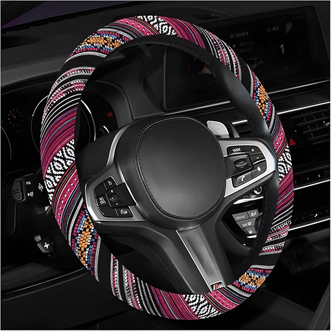 Boho Steering Wheel Cover, 15 Inch Coarse Flax Cloth Ethnic Style Anti-Slip Car Wheel Wrap, Universal Breathable Bohemian Steering Wheel Protector for Cars Vans Trucks (J)
