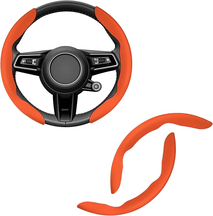 Amiss Nappa Leather Steering Wheel Cover, Segmented Steering Wheel Protector, 2PCS Universal 99% Car Wheel Cover Protector (Orange)