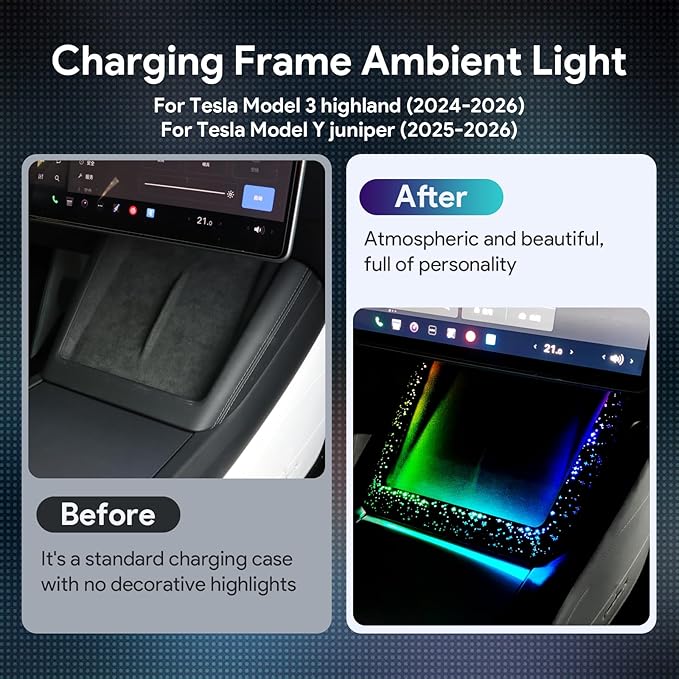 Ambient Lighting Wireless Charging Frame for 2025-2026 Tesla Model Y (Includes Juniper) 2024-2026 Tesla Model 3 PC Stylish Decorative Accessories (Big Starry Sky, Matte Black)