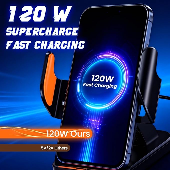 Fast Wireless Car Charger Wireless Charging Phone Mount for Car Magnetic Navigation Car Phone Holder Automatic Smart Sensor Clamping Rotating with Charger Station Fast Wireless Charger Max 120W(Black)