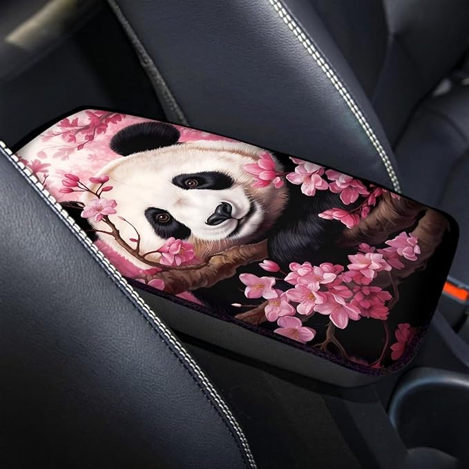 Dreaweet Car Armrest Cover Cherry Blossoms Panda Car Accessories Center Console Cover Replacement,Universal Armrest Cover for Car Center Console for Truck Sedan SUV