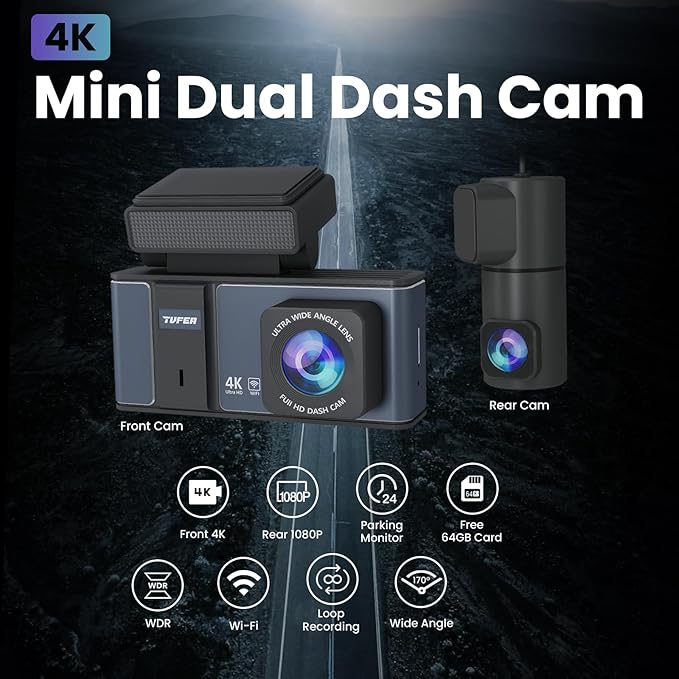 Dashcam Front and Rear Camera,TVFEA Dash cam 4K,Dual Dash Camera for Cars with Wi-Fi,3.18" LCD Screen,64GB Card,APP Control,Night Vision,WDR,Metal Shell,24H Parking Mode,G-Sensor,Loop Record