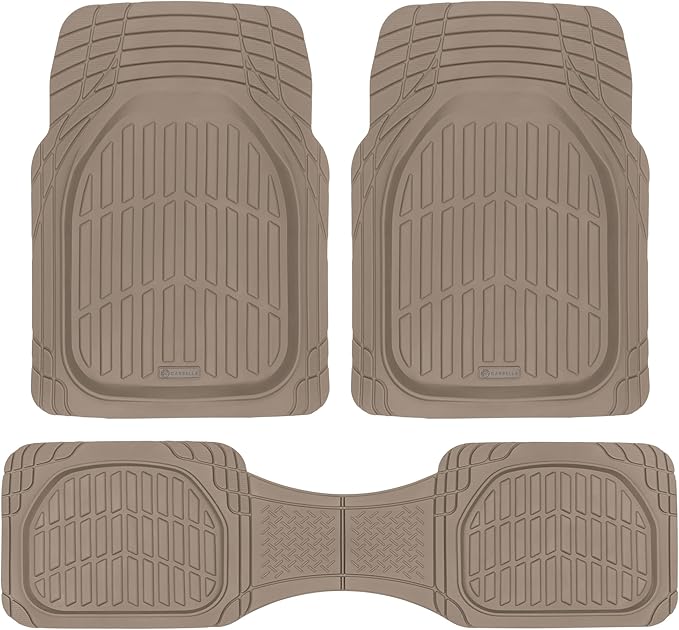 CARBELLA Heavy Duty Rubber 4-Piece Beige Car Floor Mats - Universal Trimmable All-Weather Car Accessories - Girl Car Accessories for Women & Cute Car Mats for Women for Girly Car Decor, Truck, & SUV
