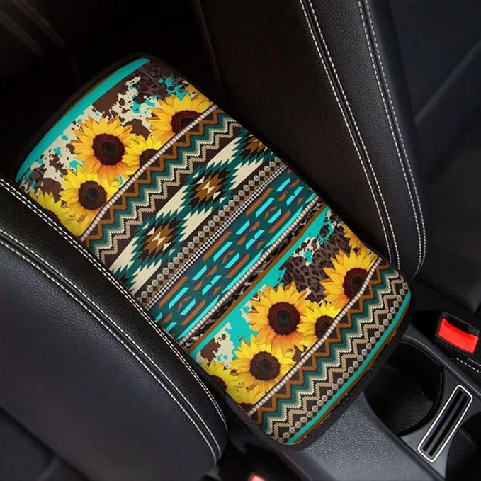 Coldinair Tribal Aztec Car Armrest Cover,Sunflower Auto Center Console Pad,Soft Seat Box Cover Protector Cushion,Car Accessories Decor for Most Cars,Sedan,Truck,SUV