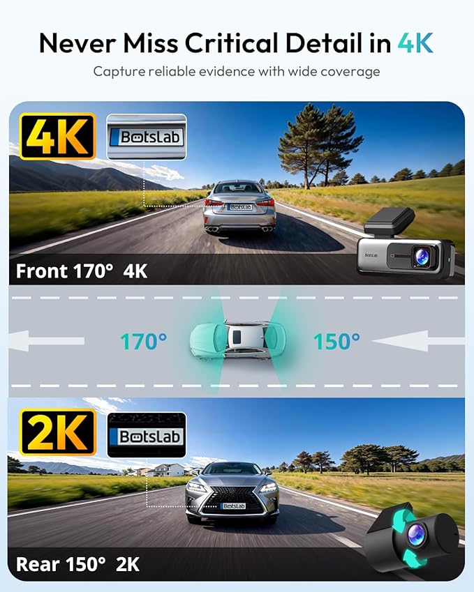 BOTSLAB 4K Dash Cam Front and Rear, 64GB SD Card Included, 170° Ultra Wide 4K+2K Dashcam with ADAS, Night Vision, 24/7 Parking Mode, IMX415 STARVIS Sensor, WDR, 5.8GHz WiFi,Built-in GPS,Loop Recording