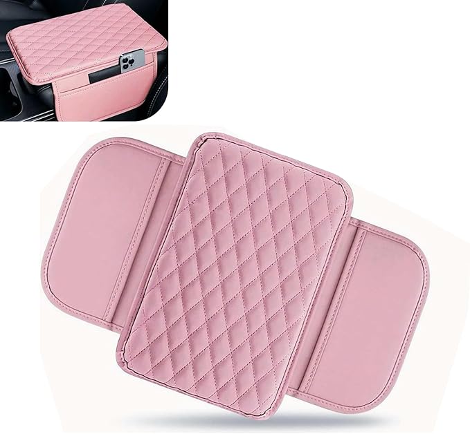 Car Center Console Cover, Waterproof Leather Car Armrest Cover Cushion with Side Storage Pockets, Upgraded Vehicle Armrest Storage Box, Universal for SUV, Sedan, Truck (Pink)