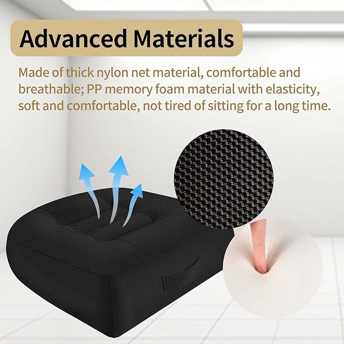ESMING Car Booster Seat Cushion with Adjustable Height for Short Drivers, Tailbone Pain Relief, Breathable Mesh Memory Foam for Truck SUV Office Chair 15.7x15.7x4.7 Inches - Black