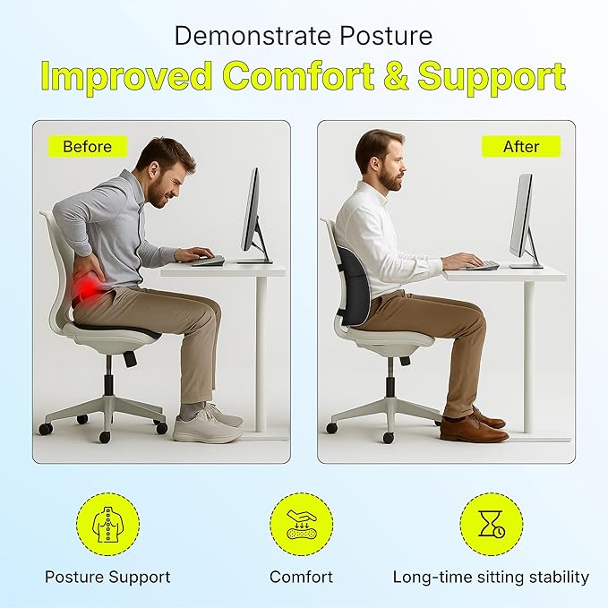 Teemtan Lumbar Support Pillow for Office Chair & Car, Ergonomic High-Density Memory Foam Back Cushion with Cooling Breathable Cover, Adjustable Strap for Lower Back Comfort and Posture, Black