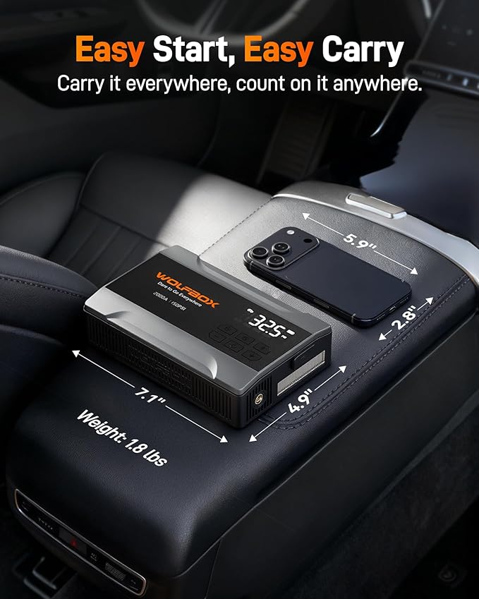 WOLFBOX 2000A Jump Starter with Air Compressor, 37Wh Car Battery Jumper Starter Portable (up to 5L Gas Engine) with 150PSI Tire Inflator, 12V Jump Box with Jumper Cables, Boost, LED Light