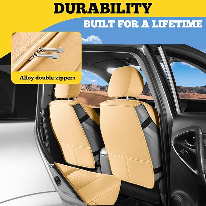 LINGVIDO Full Set Car Seat Covers, Faux Nappa Leather, Airbag Compatible and Waterproof Protectors for Sedans SUVs, Breathable Interior for Active Families, Pets, and Commuters (5 Seats, Beige)