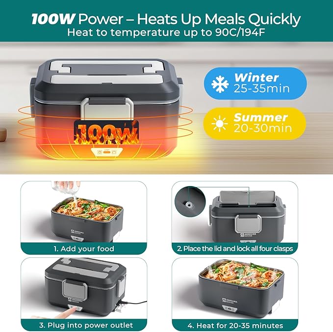 Annie & Mia Design Electric Lunch Box for Adults, 100w 3.5L 2-Layer Portable Food Warmer, Dual Mode 2.5L + 1L Heated Lunch Box for Adults, Home/Car/Office/Truck Use, Lonchera Eléctrica Portátil