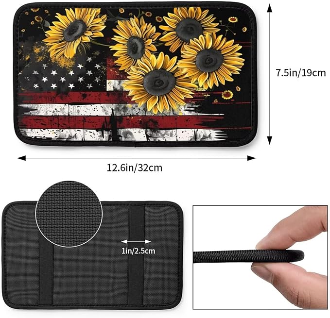 American Flag Sunflower Car Center Console Cushion Pad Rustic Flower Yellow Arm Rest Covers Universal Armrest Seat Box Cover Protector Comfortable Cars Decor Accessories