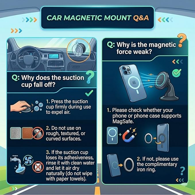 Black Magnetic Phone Holder for Car, Vacuum Suction & 3000gf Magnet, 360° Adjustable Dashboard Mount, Compatible with iPhone & Android