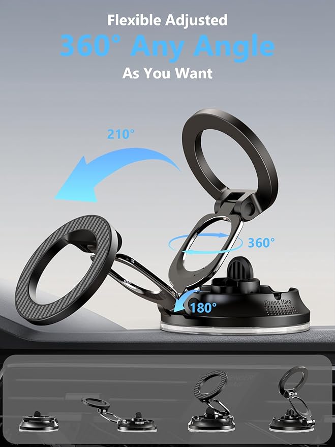 Magnetic Phone Holder for Car [90+LB Strongest Suction&3000gf Strongest Magnetic] 360° Adjustable Vacuum Phone Holders for Your Car, Magsafe Car Mount for iPhone (Black)