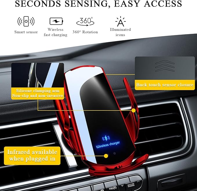 Ohleats Wireless Car Charger Mount, 15W Automotive Electric Wireless Charger Holder, Car Air Vent Mount Bracket Fast Charging for Most Smartphone, Universal Car Accessories (Red)